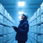 female worker cold storage warehouse checking inventory