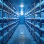 industrial freezer interior shows frostcovered shelves blue containers metal shelves cold